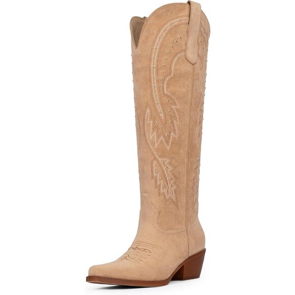 Shoes - Women's Tan Knee High Rhinestone Cowgirl Boots Pointed Toe Slip on Chunky Heel